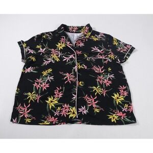 Joyspun Pajama Top Womens L Black Floral Button Up Short Sleeve Pocket Sleepwear